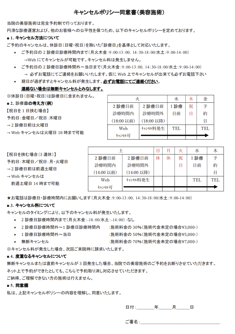 キャンセルポリシー同意書